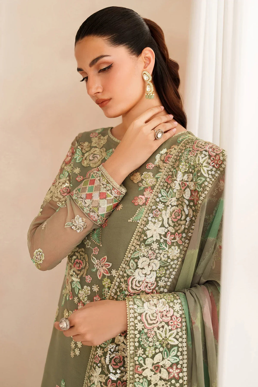 Designer Suit Olive Dazzle  3-Piece Formal Suit Ready To Wear