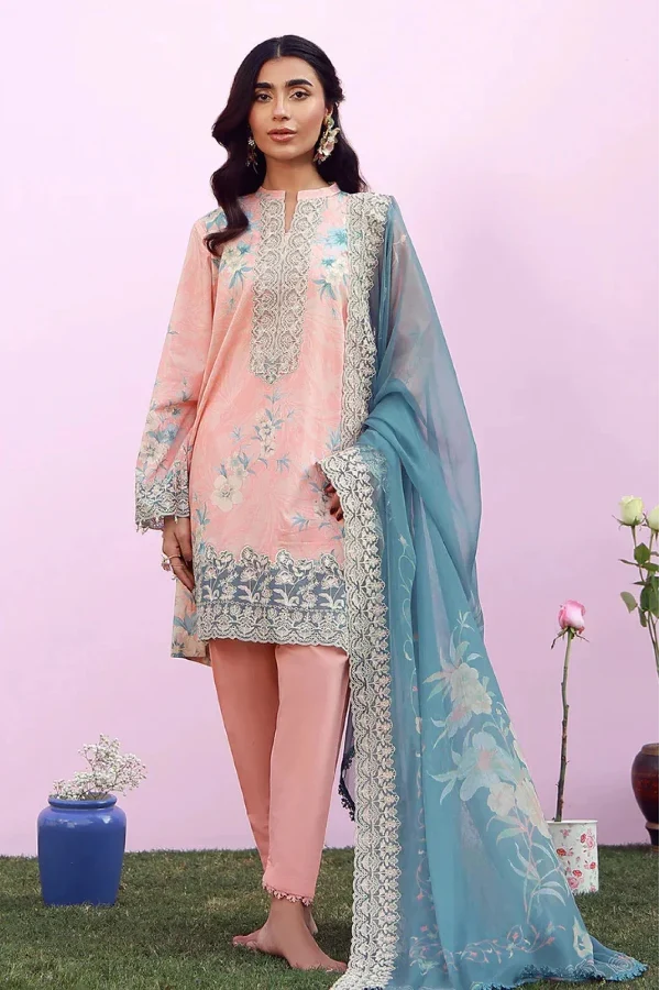 Pastel Peach & Teal - Lawn Suit With Chiffon Dupatta | Ready To Wear
