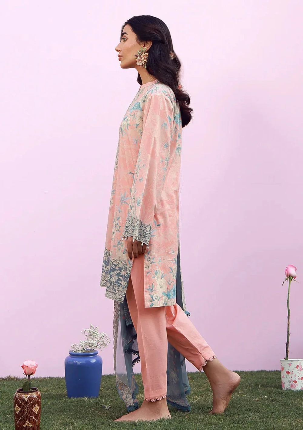 Pastel Peach & Teal - Lawn Suit With Chiffon Dupatta | Ready To Wear