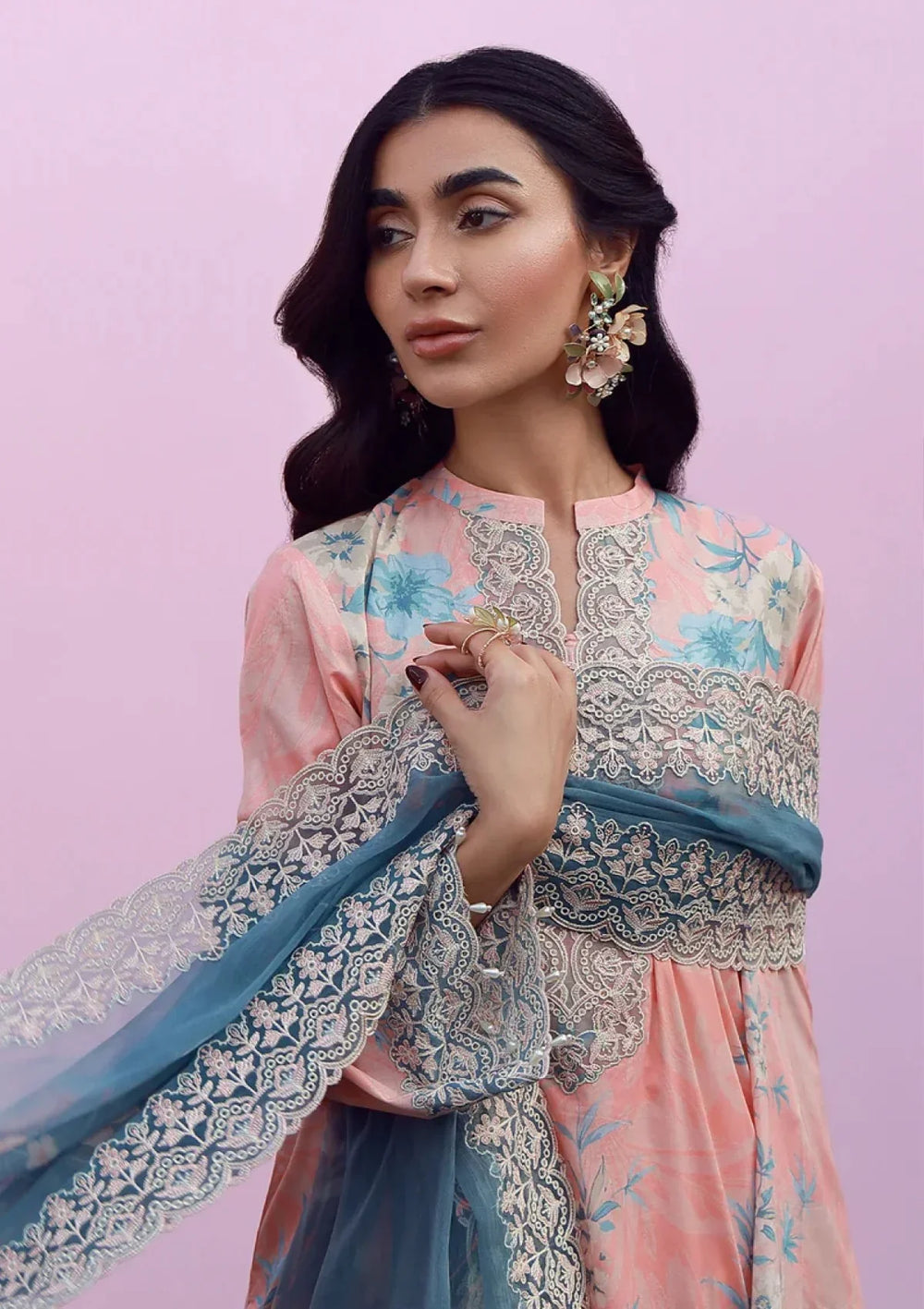 Pastel Peach & Teal - Lawn Suit With Chiffon Dupatta | Ready To Wear