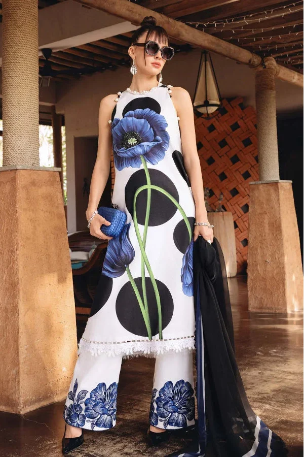 Pearl Blue Floral - Printed Lawn Suit With Chiffon Dupatta | Ready To Wear