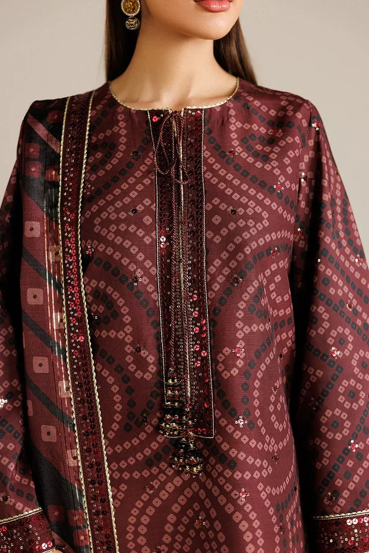 Burgundy Chunri - 3Pc Lawn Suit With Chiffon Dupatta | Ready To Wear