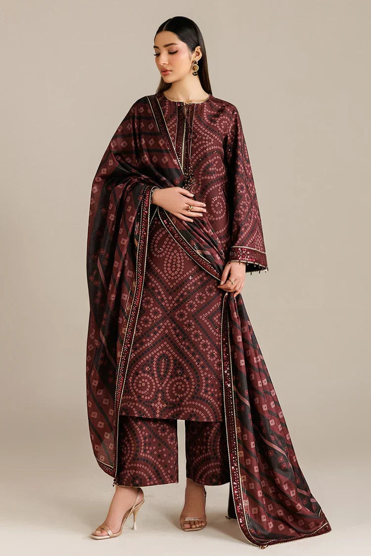 Burgundy Chunri - 3Pc Lawn Suit With Chiffon Dupatta | Ready To Wear