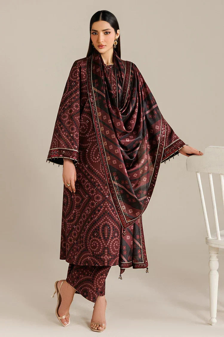 Burgundy Chunri - 3Pc Lawn Suit With Chiffon Dupatta | Ready To Wear