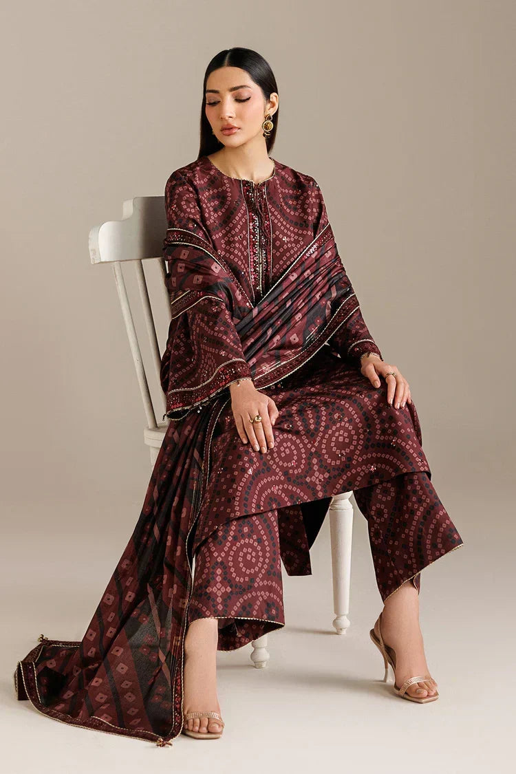 Burgundy Chunri - 3Pc Lawn Suit With Chiffon Dupatta | Ready To Wear