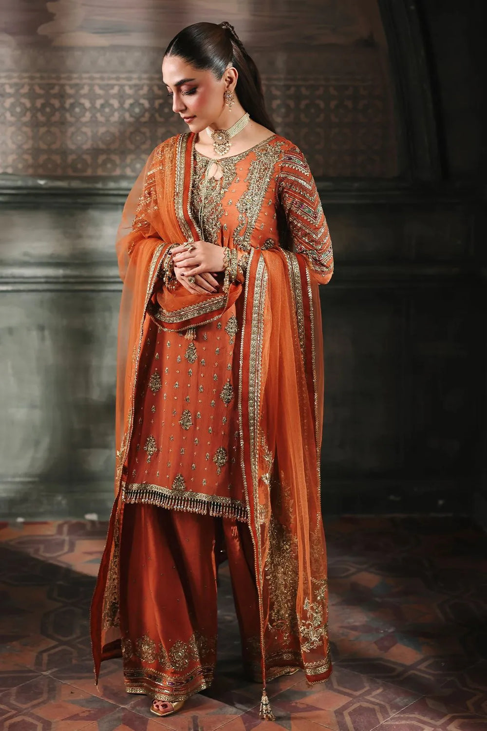 Designer Suit Orange Embroidered 3-Piece Chiffon Suit