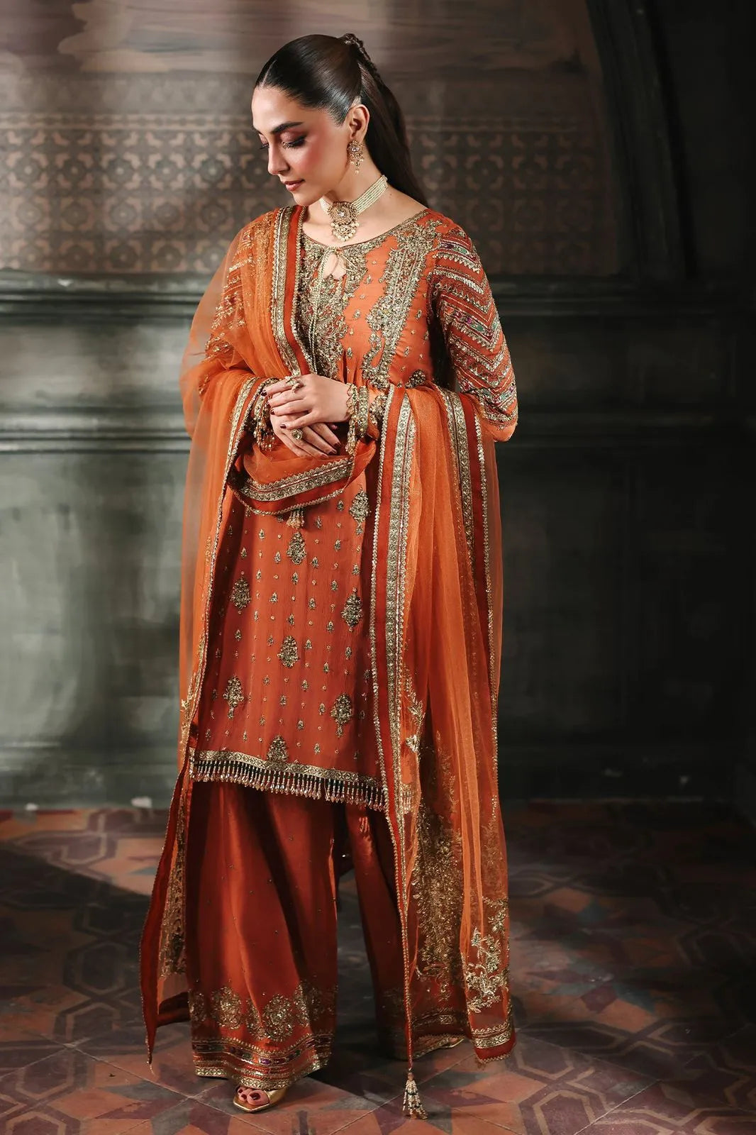 Designer Suit Orange Embroidered 3-Piece Chiffon Suit