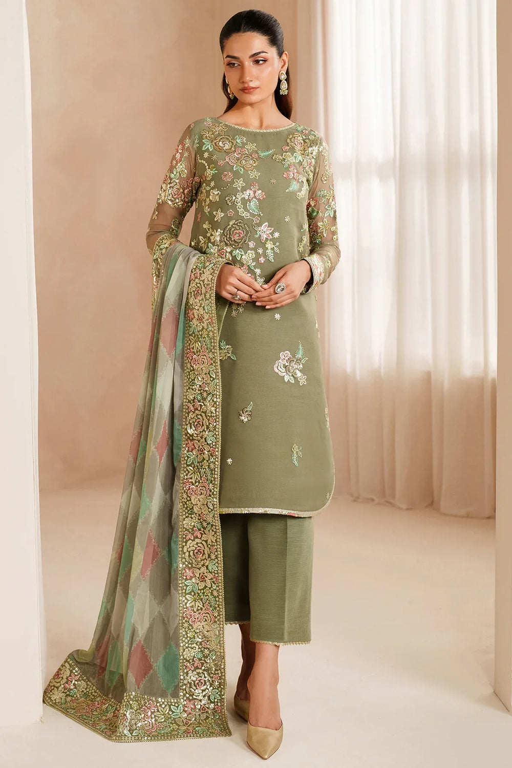 Designer Suit Olive Dazzle  3-Piece Formal Suit Ready To Wear