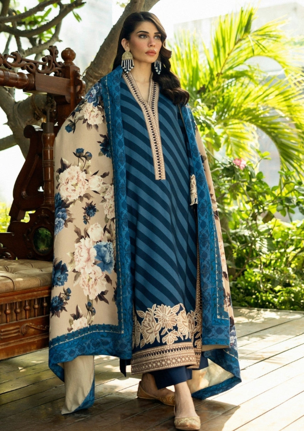 Deep Teal & Ivory - Printed Lawn Suit With Chiffon Dupatta | Ready To Wear