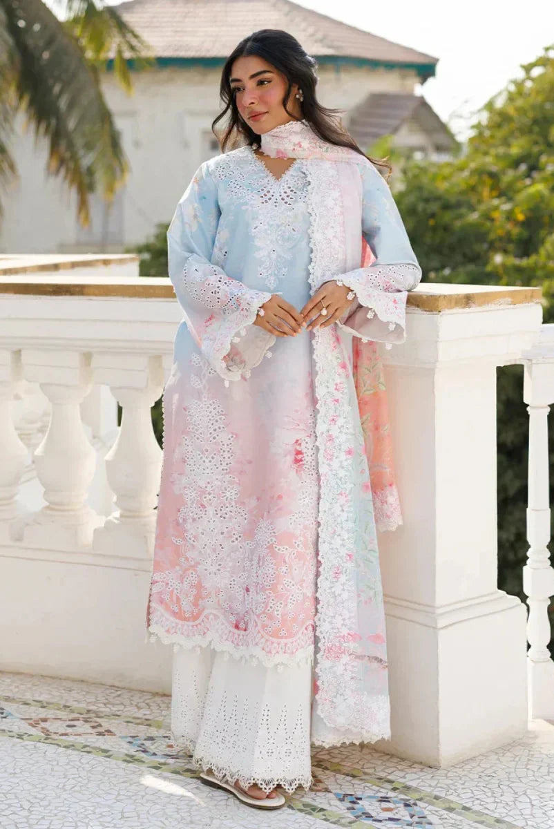 Ice Blue & Pink Ombre - Printed Lawn Suit With Chiffon Dupatta | Ready To Wear