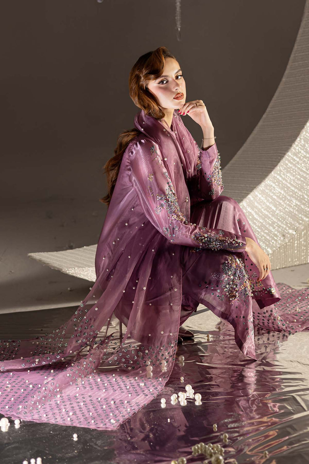 Dusty Mauve - Embroidered Chiffon Suit | Ready To Wear
