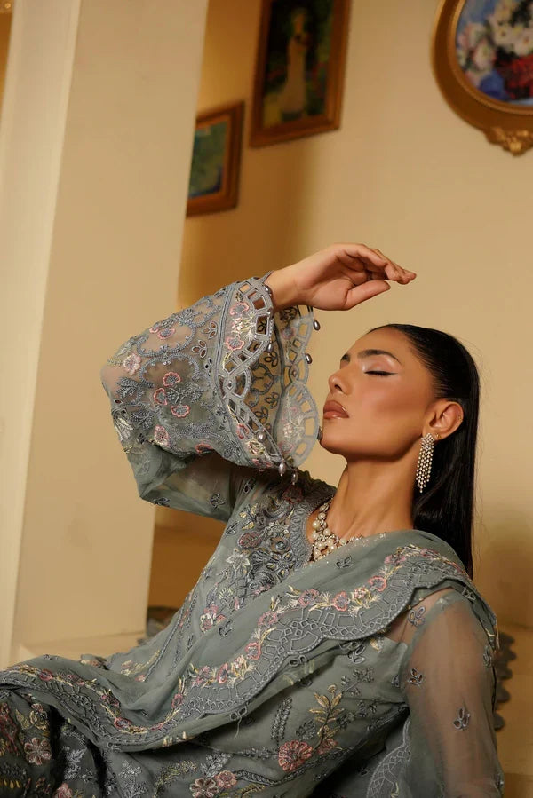 Grey Heavily Embroidered Chiffon Formal 3-Piece Suit Ready To Wear