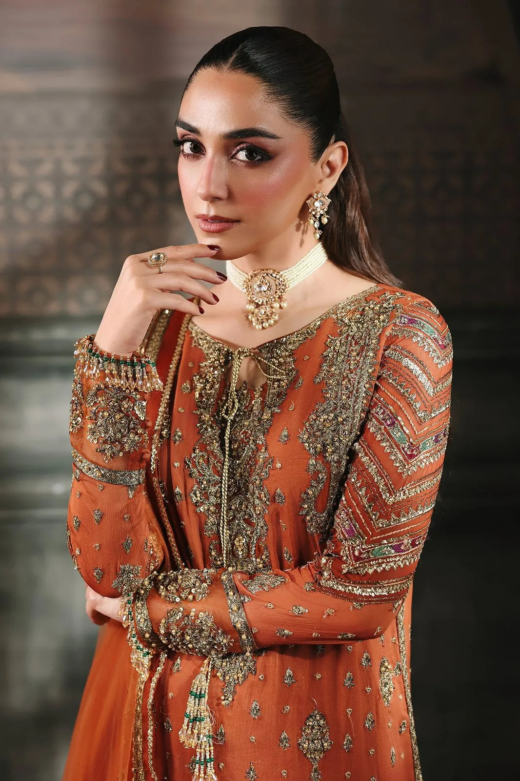 Designer Suit Orange Embroidered 3-Piece Chiffon Suit