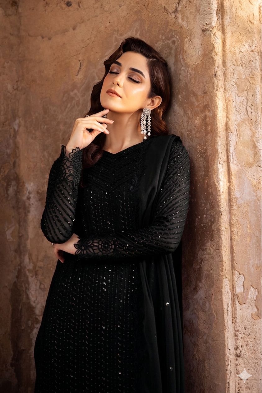 Designer Suit Black Formal Suit Embroidered Chiffon Party Wear 3PC Ready To Wear