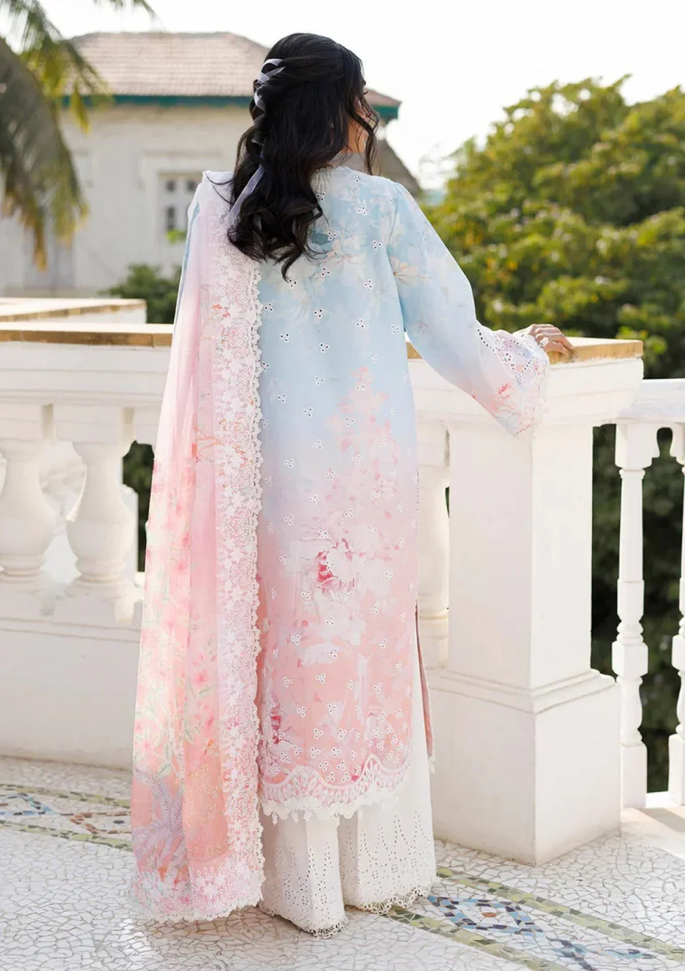 Ice Blue & Pink Ombre - Printed Lawn Suit With Chiffon Dupatta | Ready To Wear
