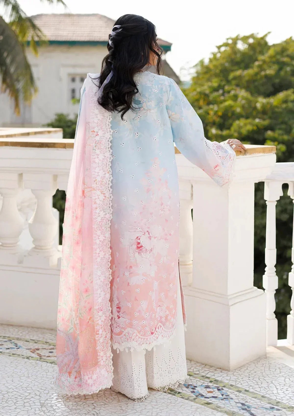 Ice Blue & Pink Ombre - Printed Lawn Suit With Chiffon Dupatta | Ready To Wear