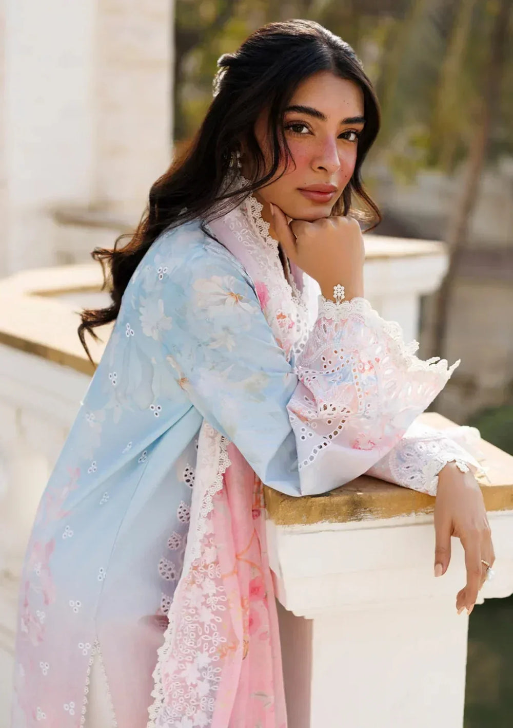 Ice Blue & Pink Ombre - Printed Lawn Suit With Chiffon Dupatta | Ready To Wear