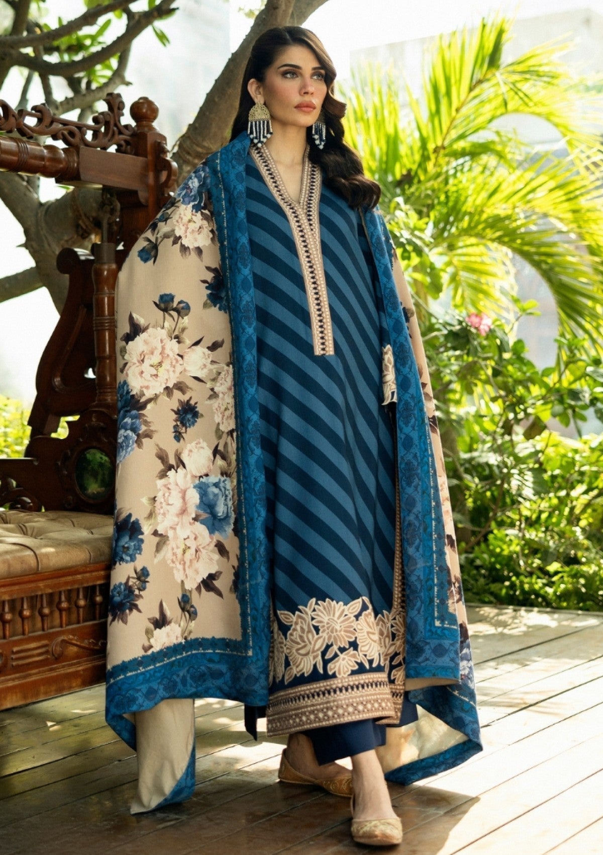 Deep Teal & Ivory - Printed Lawn Suit With Chiffon Dupatta | Ready To Wear