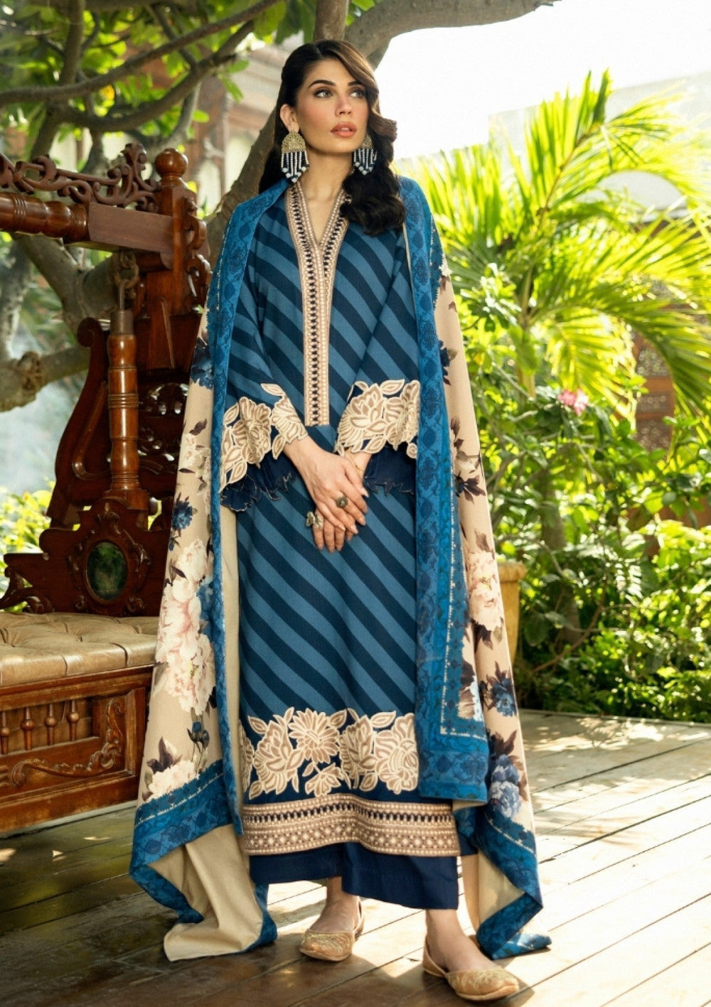 Deep Teal & Ivory - Printed Lawn Suit With Chiffon Dupatta | Ready To Wear