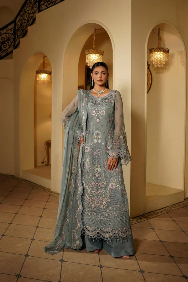 Grey Heavily Embroidered Chiffon Formal 3-Piece Suit Ready To Wear