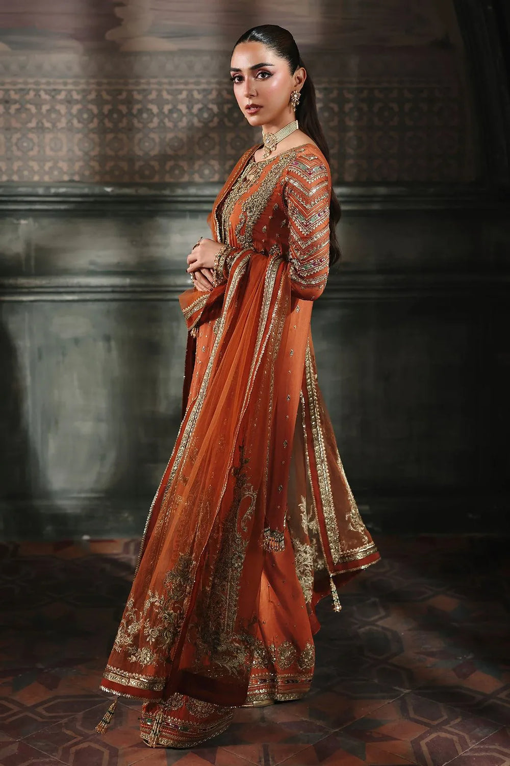 Designer Suit Orange Embroidered 3-Piece Chiffon Suit