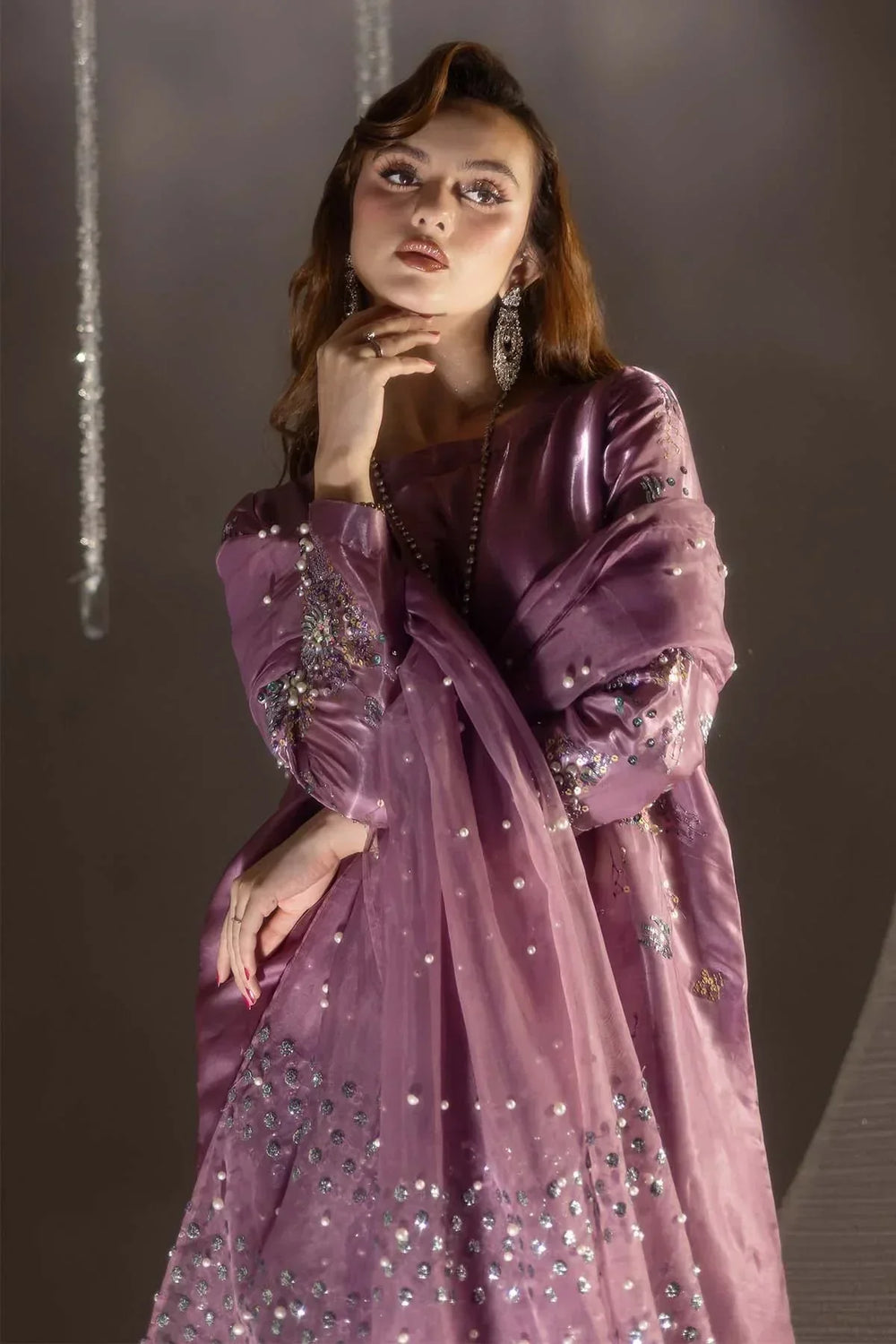 Dusty Mauve - Embroidered Chiffon Suit | Ready To Wear
