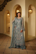 Grey Heavily Embroidered Chiffon Formal 3-Piece Suit Ready To Wear