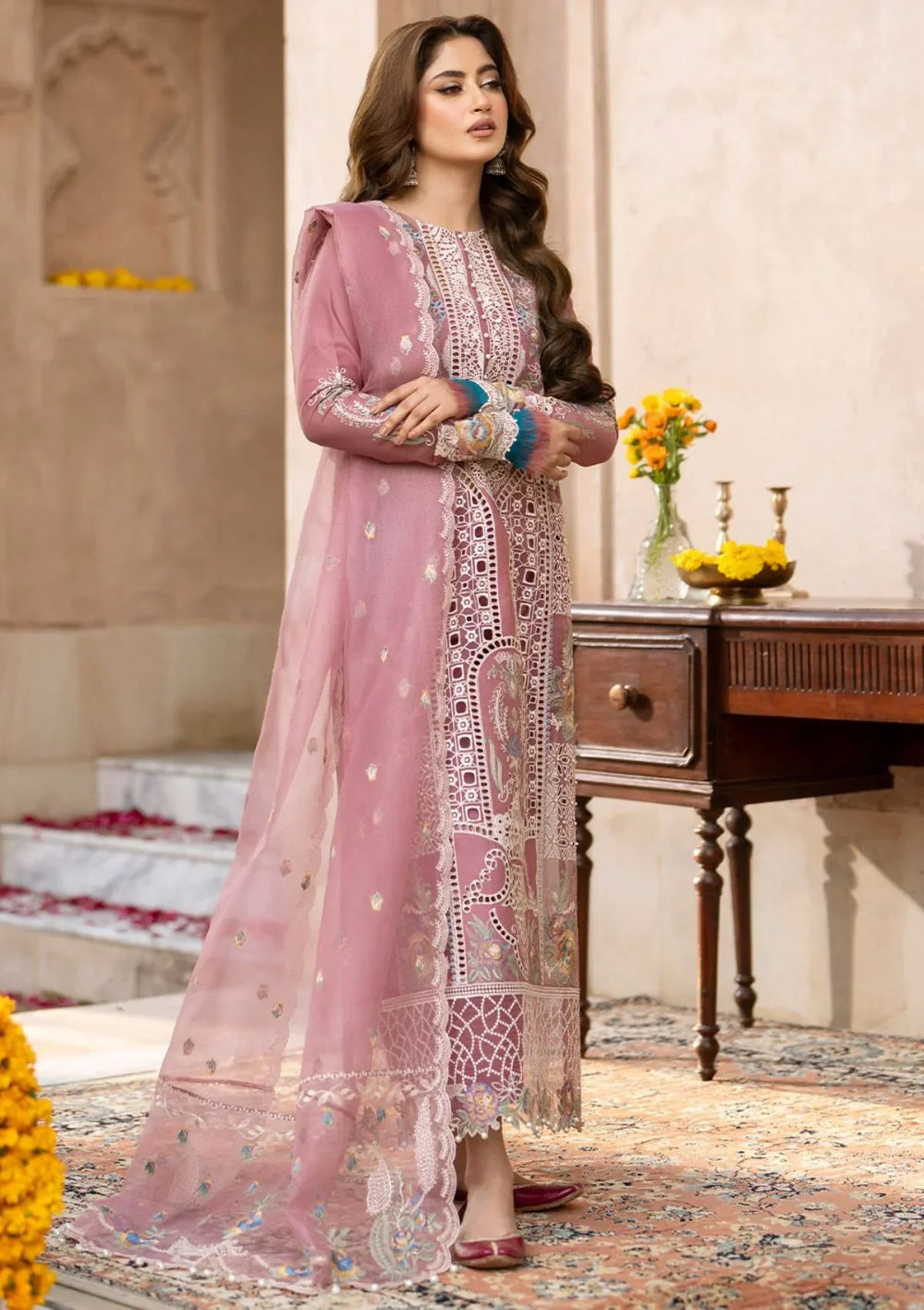 Dusky Mauve - Embroidered Lawn Suit With Net Dupatta | Ready To Wear