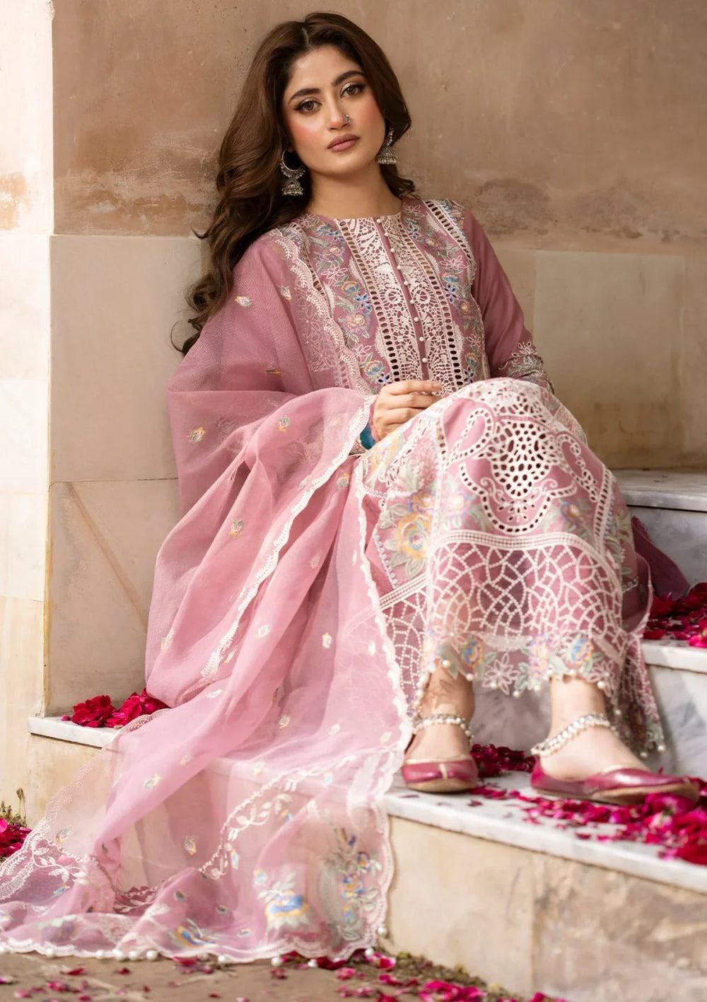 Dusky Mauve - Embroidered Lawn Suit With Net Dupatta | Ready To Wear