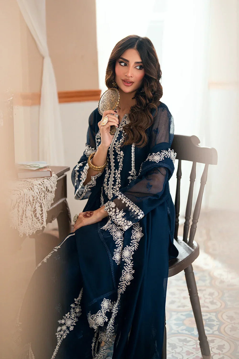 Navy Blue - Embroidered Chiffon Suit With Malai Trouser | Ready To Wear