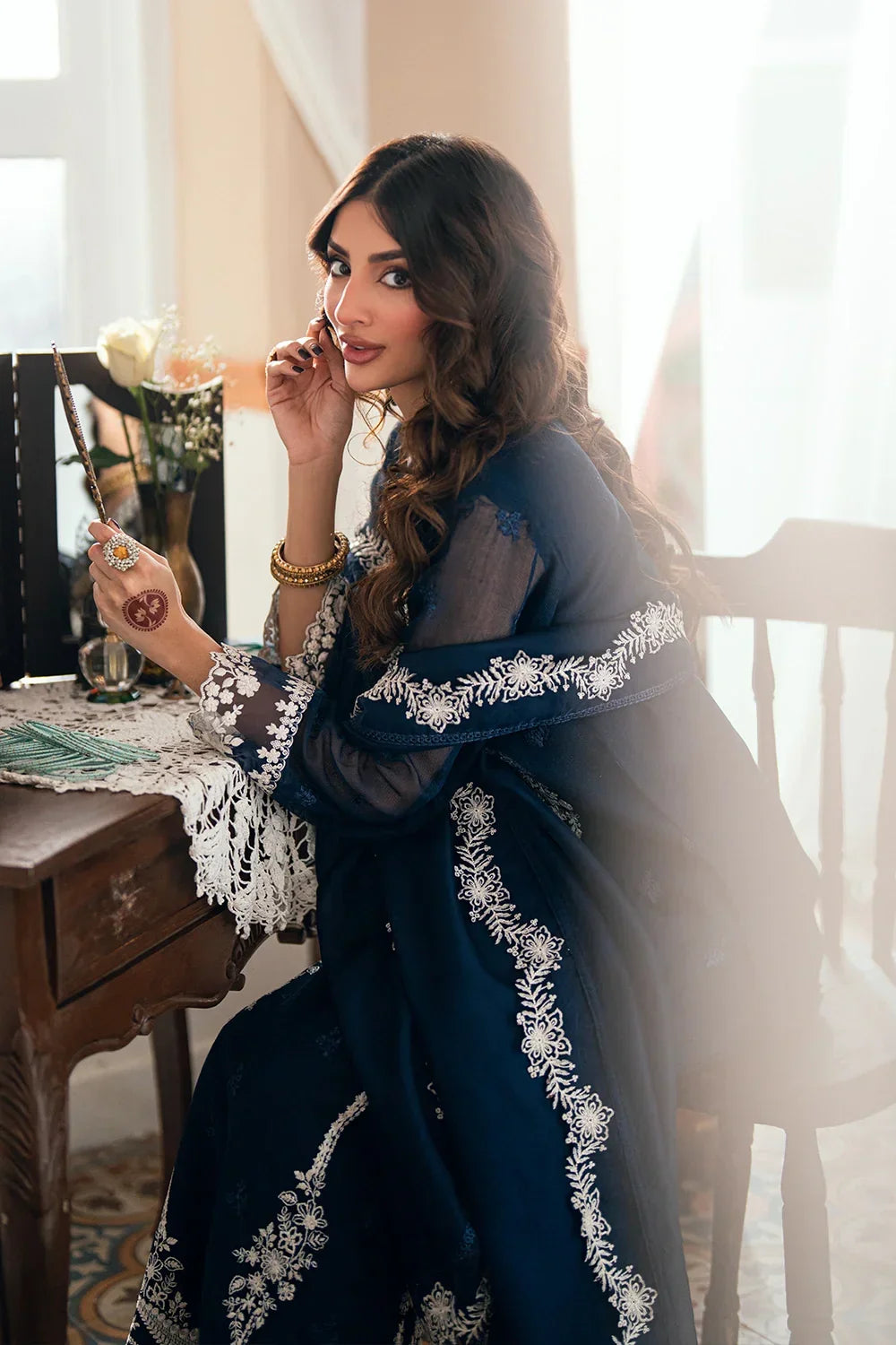 Navy Blue - Embroidered Chiffon Suit With Malai Trouser | Ready To Wear