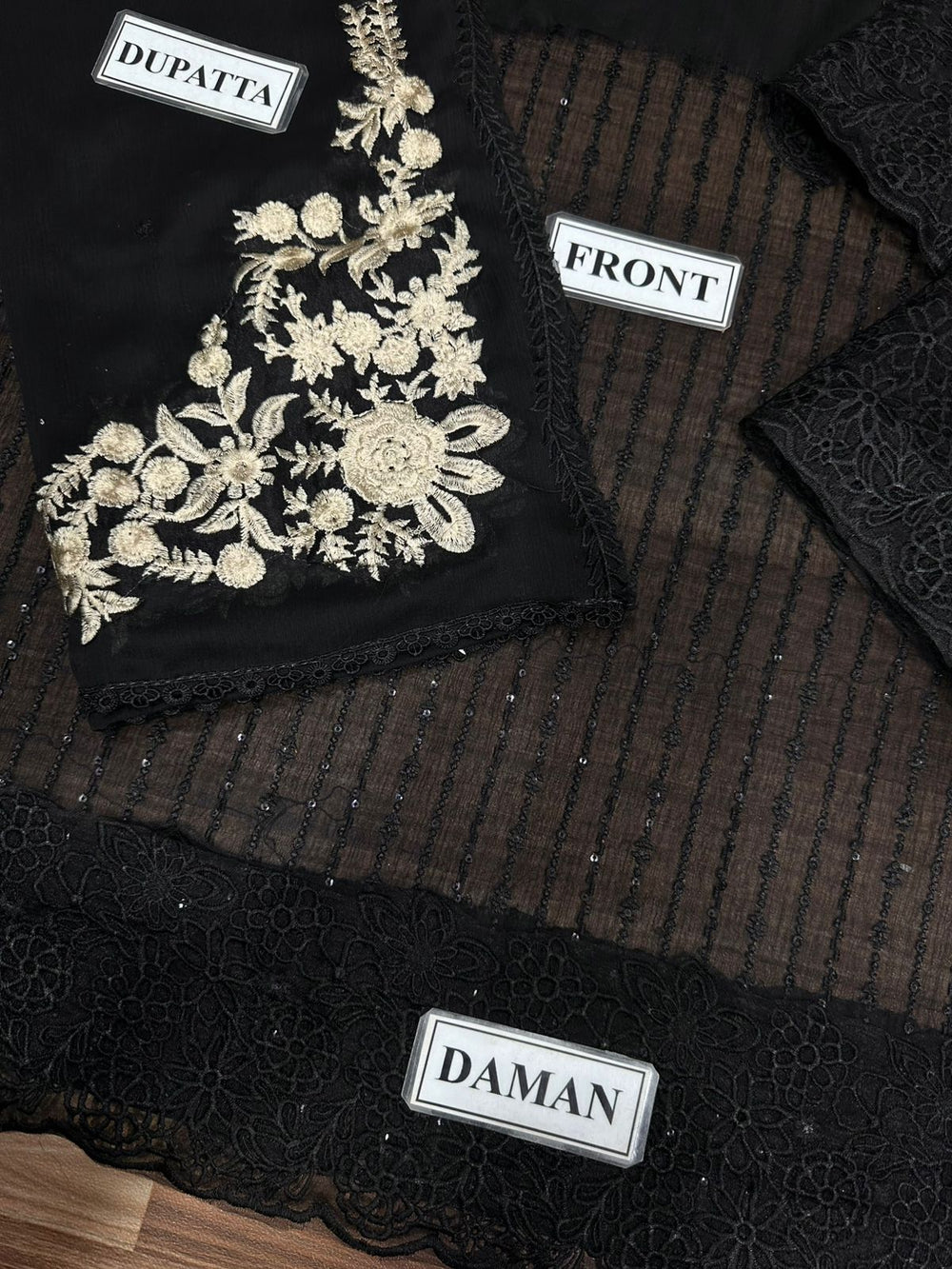 Designer Suit Black Formal Suit Embroidered Chiffon Party Wear 3PC Ready To Wear