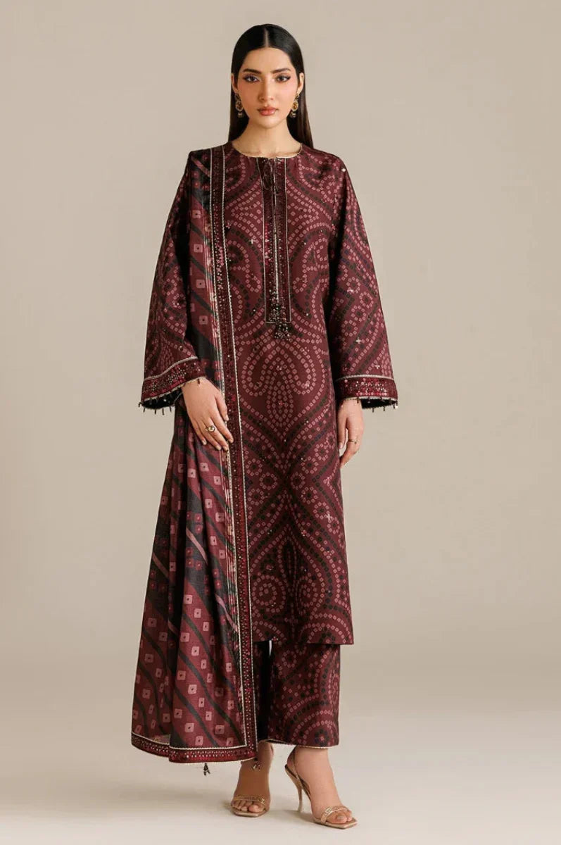 Burgundy Chunri - 3Pc Lawn Suit With Chiffon Dupatta | Ready To Wear