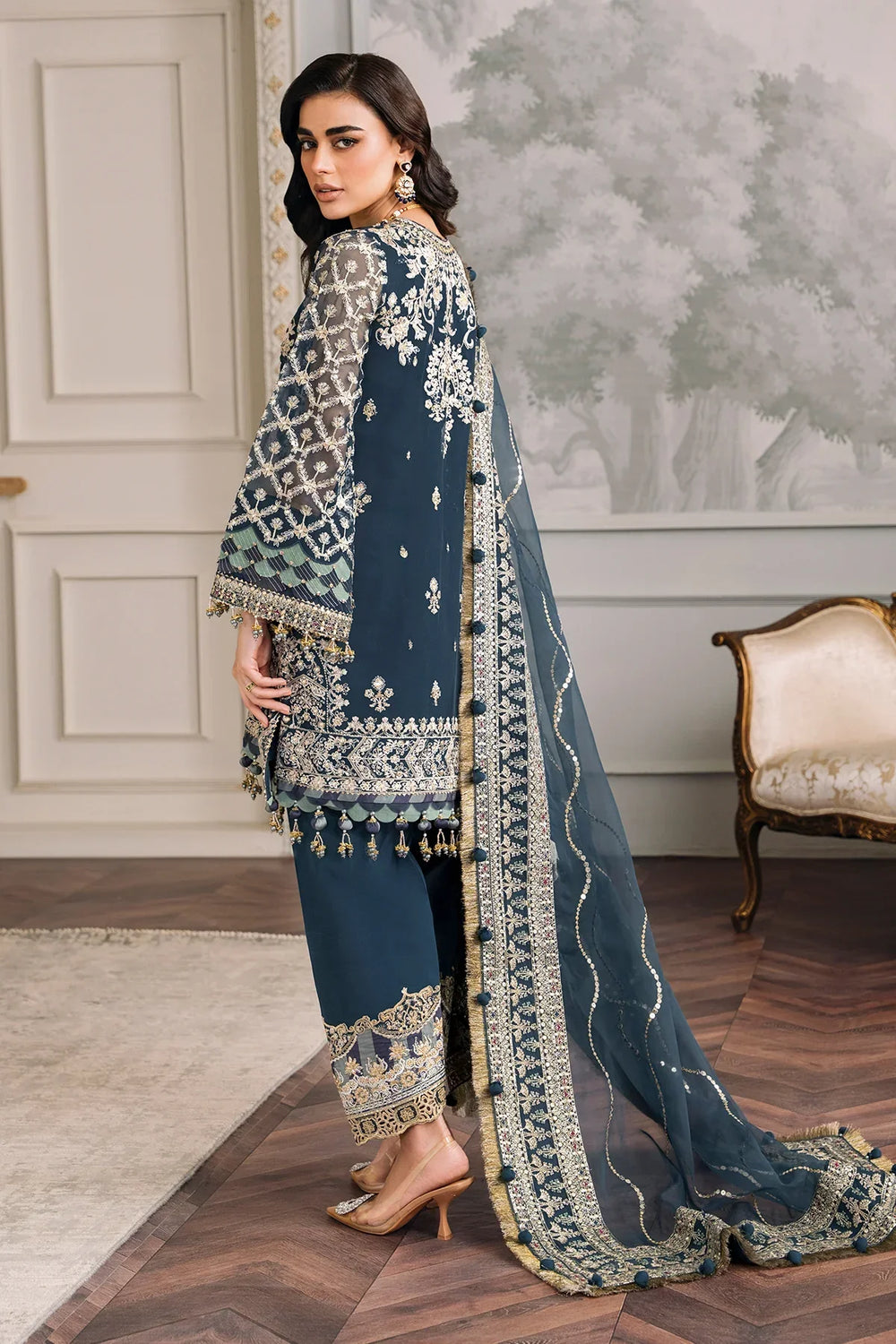 Designer Suit Navy Embroidered Chiffon Three-Piece Ready To Wear
