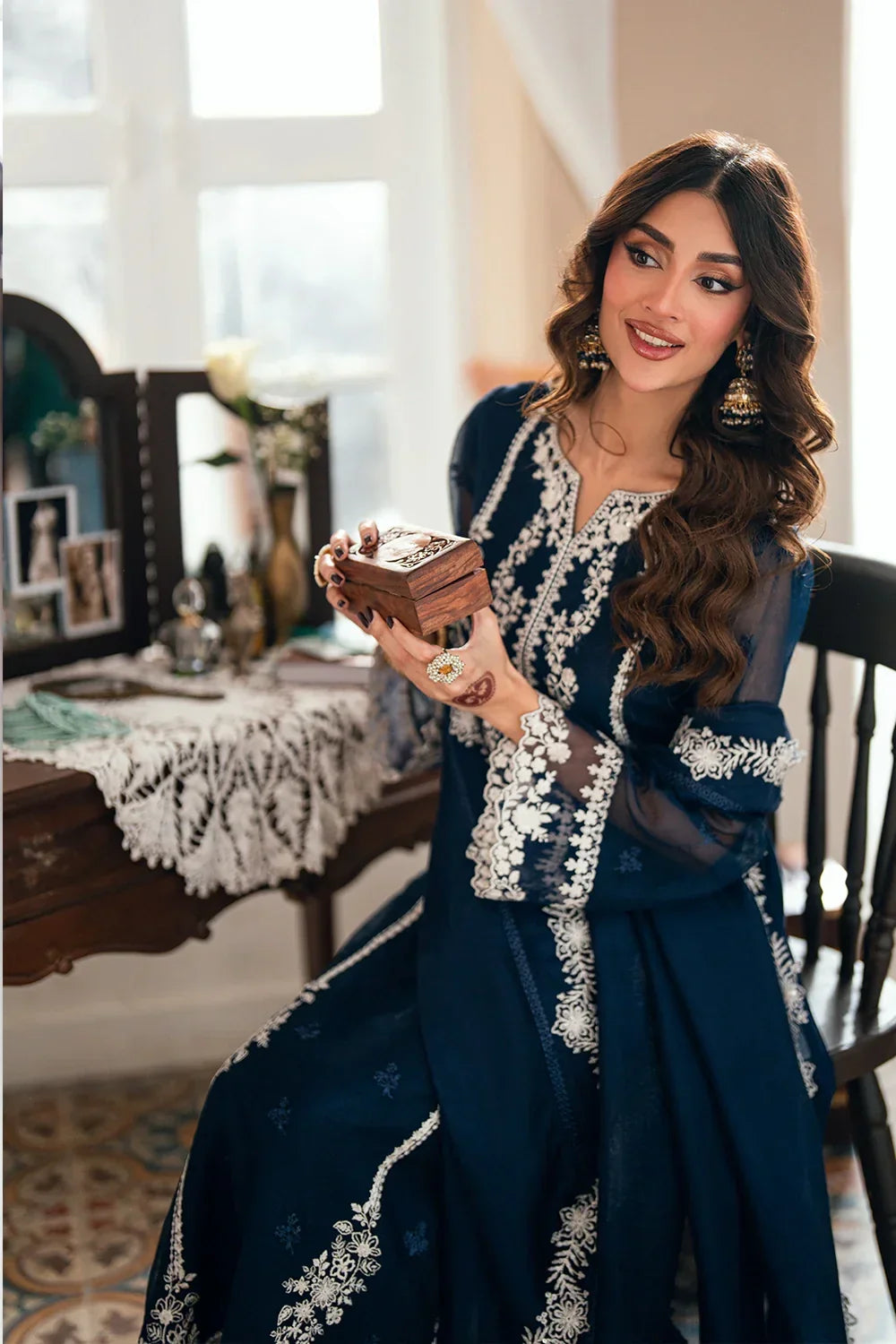 Navy Blue - Embroidered Chiffon Suit With Malai Trouser | Ready To Wear