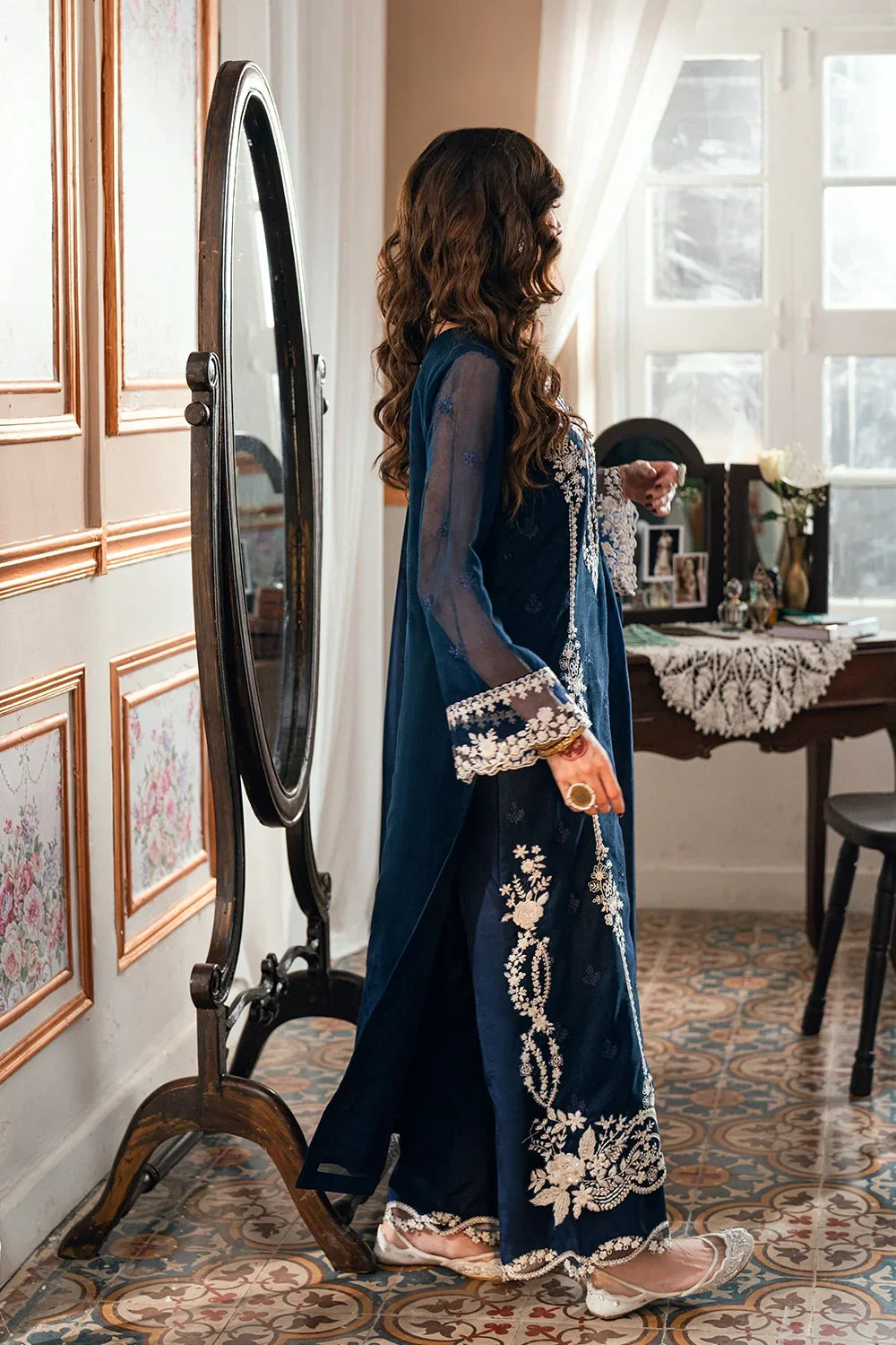 Navy Blue - Embroidered Chiffon Suit With Malai Trouser | Ready To Wear