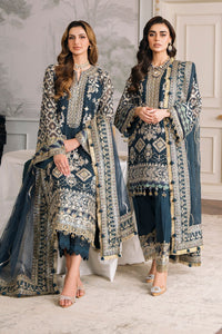 Designer Suit Navy Embroidered Chiffon Three-Piece Ready To Wear
