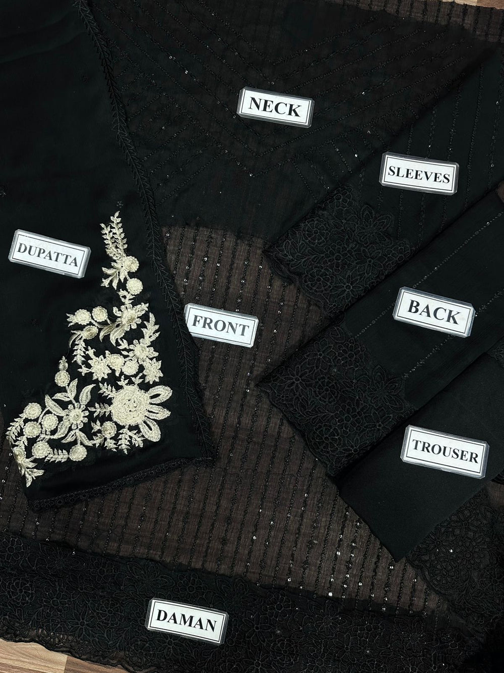 Designer Suit Black Formal Suit Embroidered Chiffon Party Wear 3PC Ready To Wear