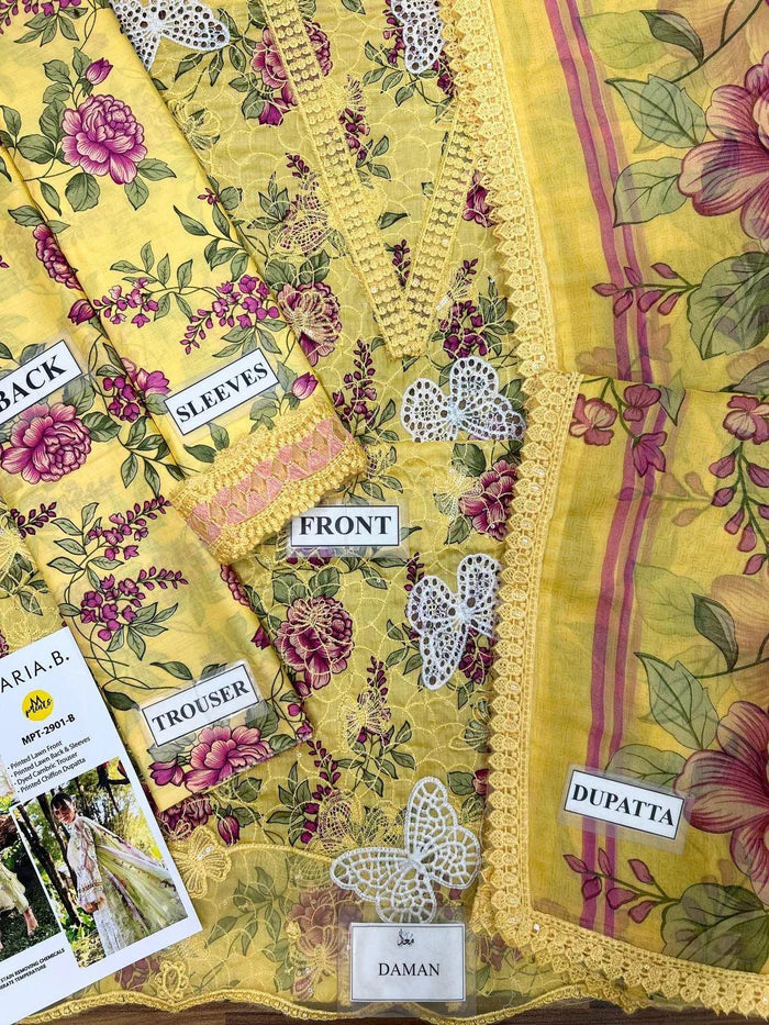 3-piece lawn suit embroidered, printed back and sleeves, and a printed chiffon dupatta Ready To Wear 