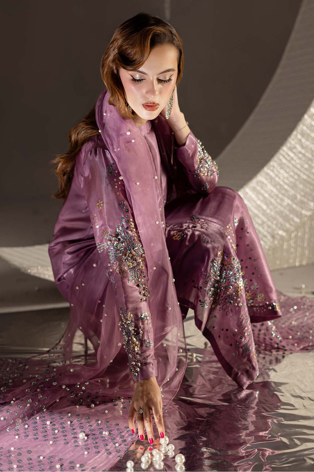 Dusty Mauve - Embroidered Chiffon Suit | Ready To Wear