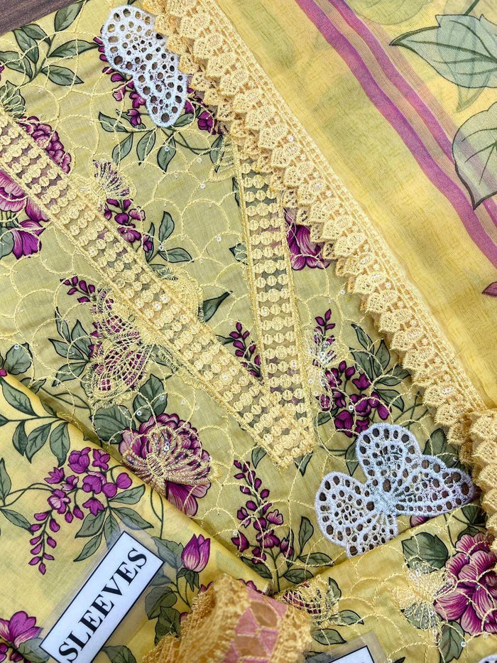 3-piece lawn suit embroidered, printed back and sleeves, and a printed chiffon dupatta Ready To Wear 