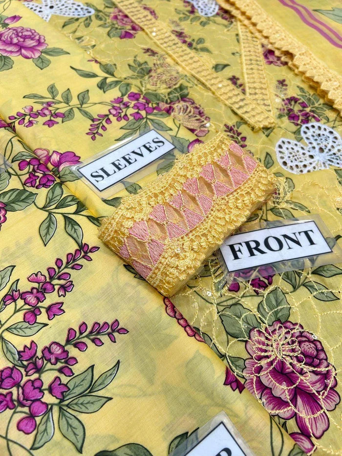 3-piece lawn suit embroidered, printed back and sleeves, and a printed chiffon dupatta Ready To Wear 