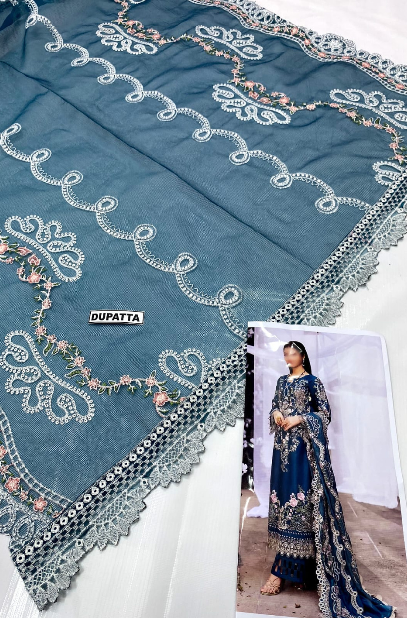 Lawn suit in Zinc blue Ready To Wear