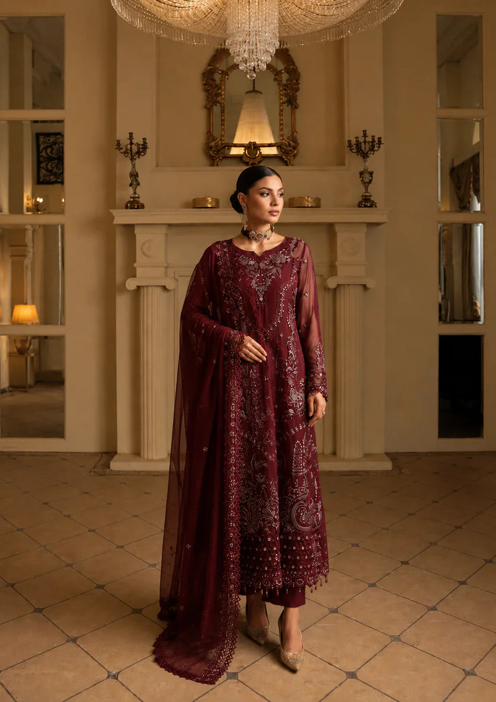 Maroon Majestic - Embroidered Chiffon Suit | Ready To Wear