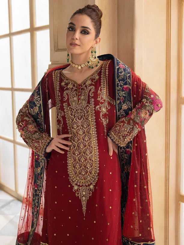 Maroon & Navy Royale - Embroidered Chiffon Suit | Ready To Wear