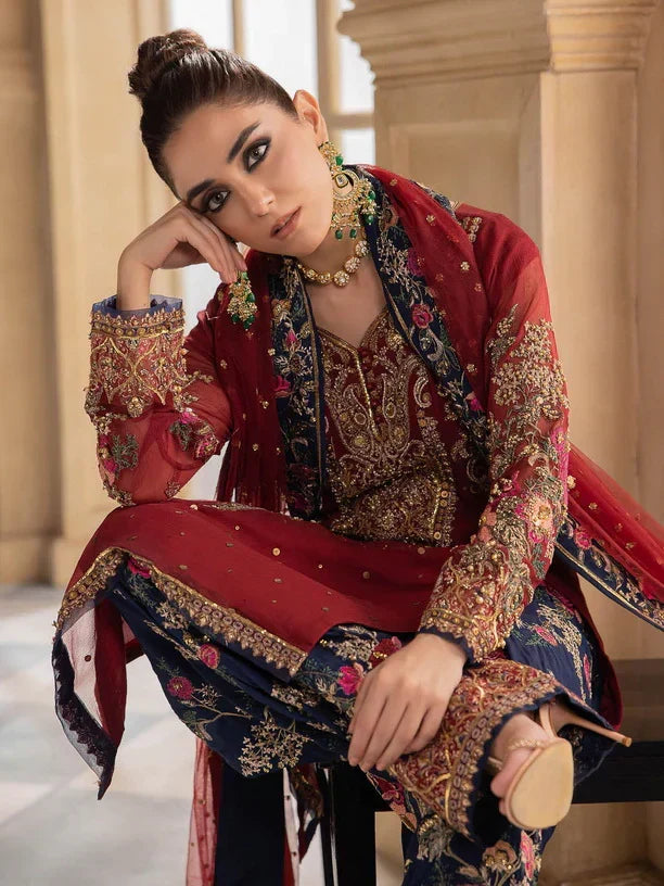 Maroon & Navy Royale - Embroidered Chiffon Suit | Ready To Wear