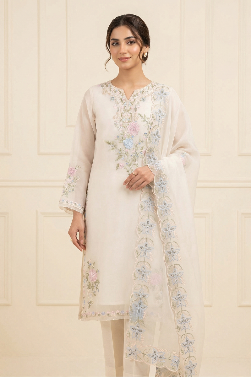 03-Piece Organza Suit With Embroidery - Ready To Wear