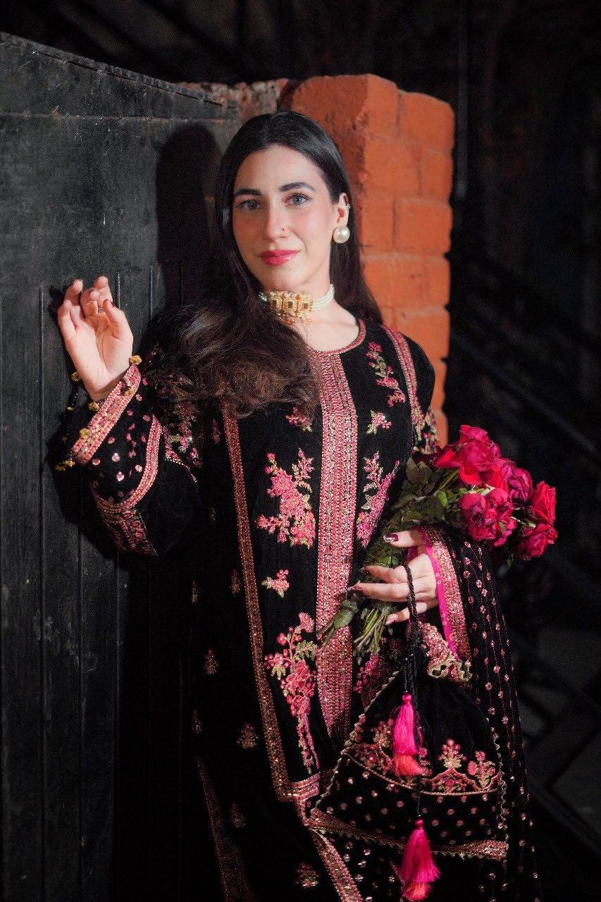 3 Piece Stitched Velvet Suit - Ready To Wear