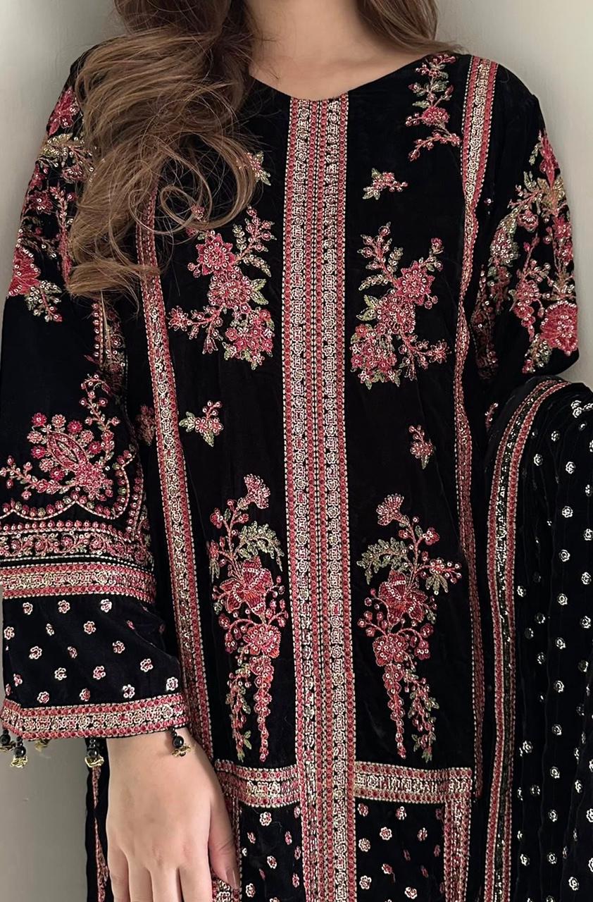 3 Piece Stitched Velvet Suit - Ready To Wear