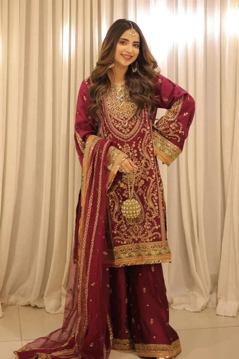 03-Piece Embroidered Silk Suit With Net Dupatta | Ready To Wear